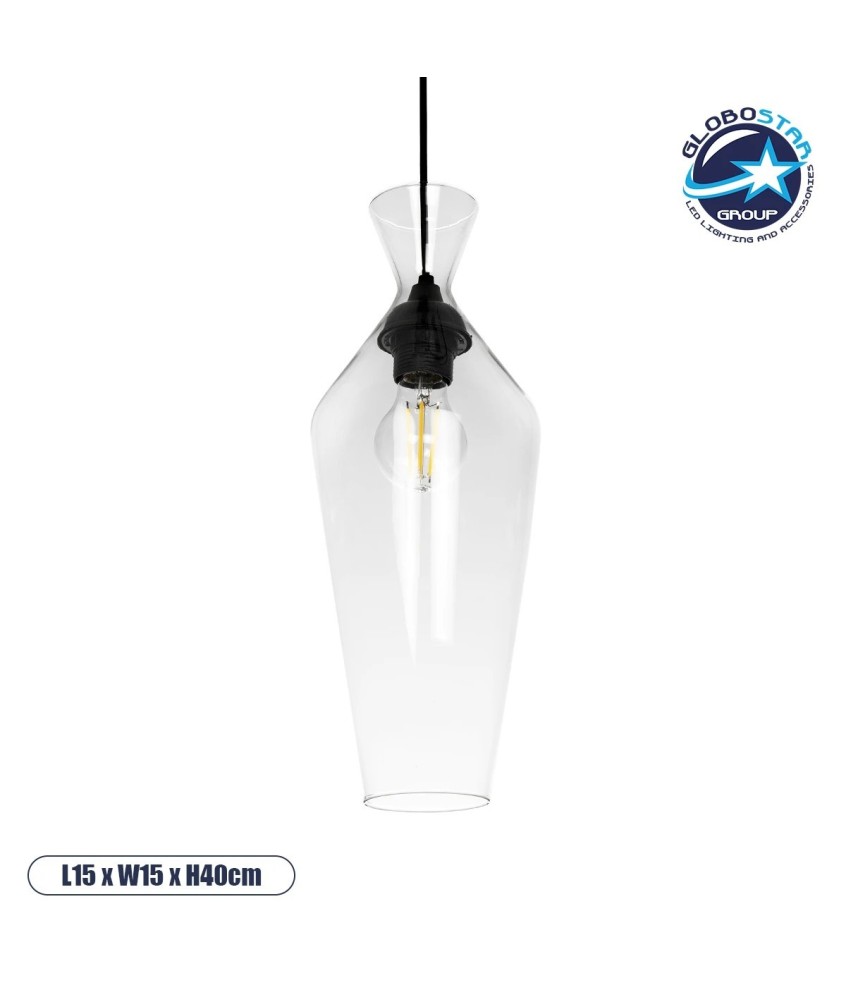 GLOBOSTAR® BOHEMIA 206-0041 Μοντέρνο Κρεμαστό Φωτιστικό Οροφής με Ντουί 1 x E27 AC 220-240V IP20 - Διάφανο - Μ15 x Π15 x Υ40cm